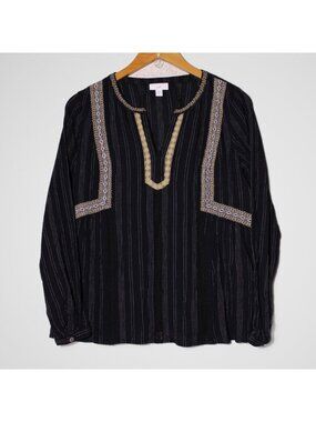 J. Jill Embroidered Top Black Pinstripe Boho Blouse Geometric Artisan Lace XS
